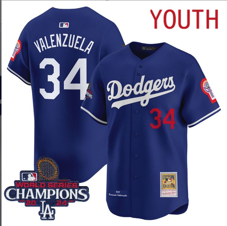 Youth MLB Los Angeles Dodgers 34 Valenzuela blue 2024 World Series Champions Patch Cooperstown Jersey